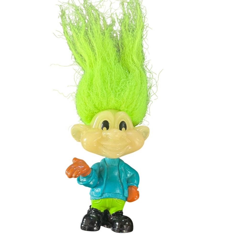 Vintage Burger King Kids Club Troll Doll Glow in the Dark Lime Green Hair Blue